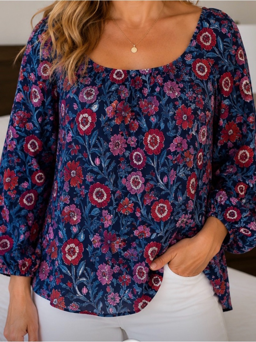 Vineyard Vines Navy Floral Scoop Neck Blouse with Red & Pink Blossoms